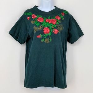 Vintage Y2K 90s 00 Green Floral Roses Mom Short Sleeve Shirt Medium Made in USA